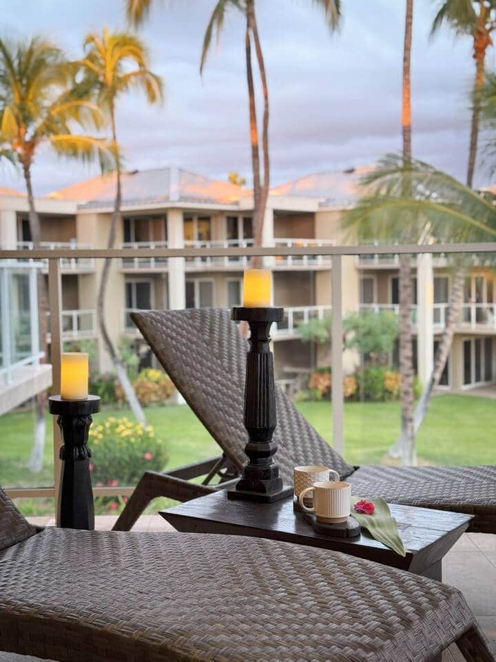 Lanai outside the master bedroom has two lounge chairs, perfect for morning coffee or sunset views.