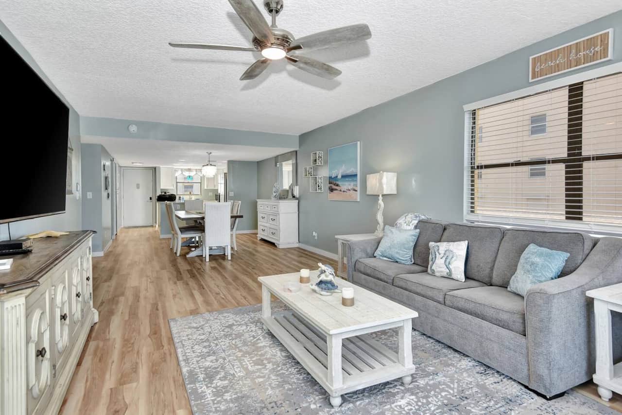 Living room and dining room leading to kitchen