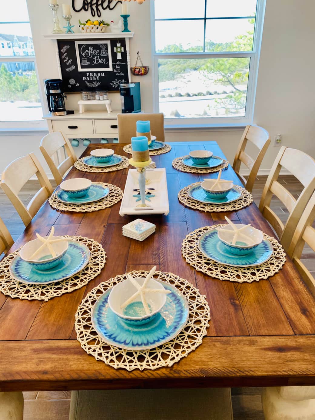 Dining room, coastal farmhouse table that seats 8