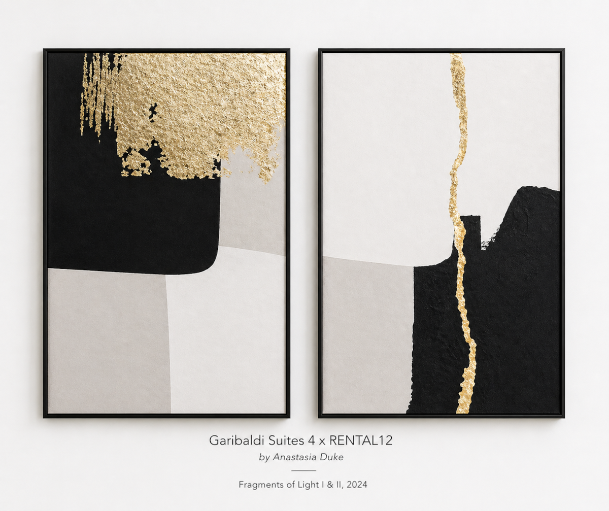 Fragments of Light Duo by Anastasia Duke — gold, black, and white duo of framed paintings as displayed together at Garibaldi Suites #4 in Olbia, Sardinia