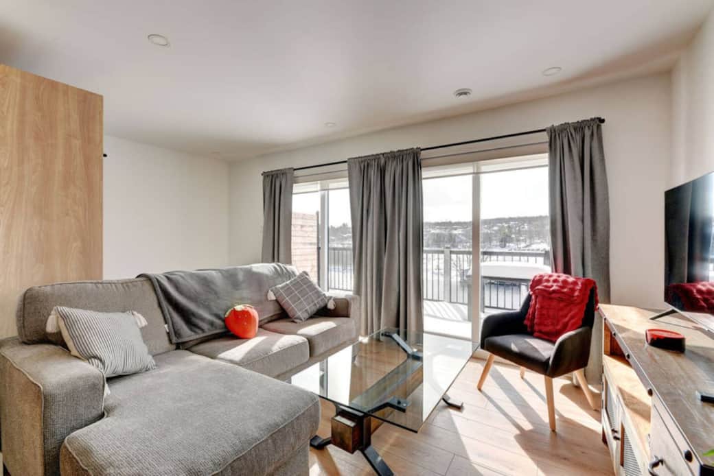View of the living room with pull-out couch (queen sized bed)