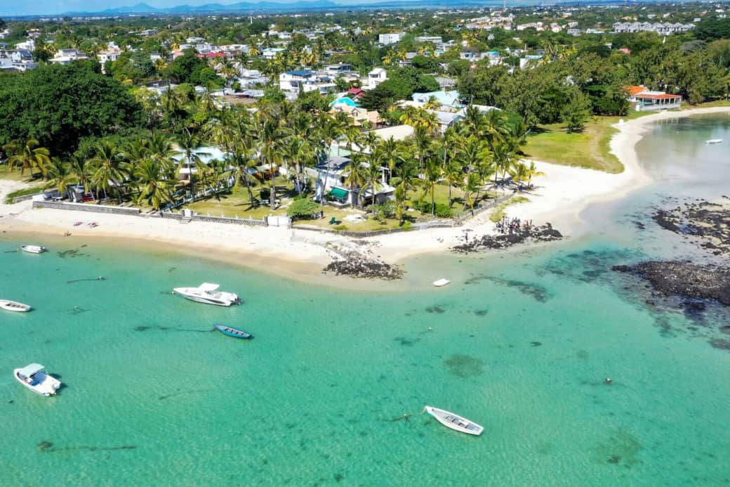 Aerial view of Grand Gaube beach-the property is the one with the big white gate on the beach  in 