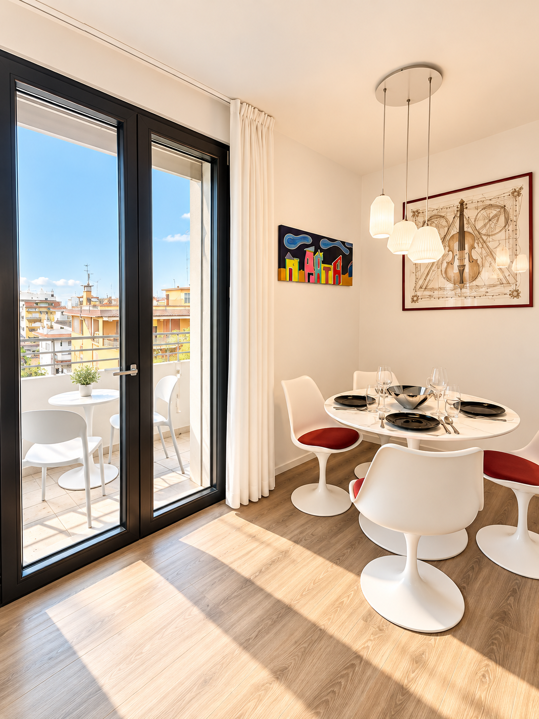 Angolo pranzo moderno con balcone soleggiato