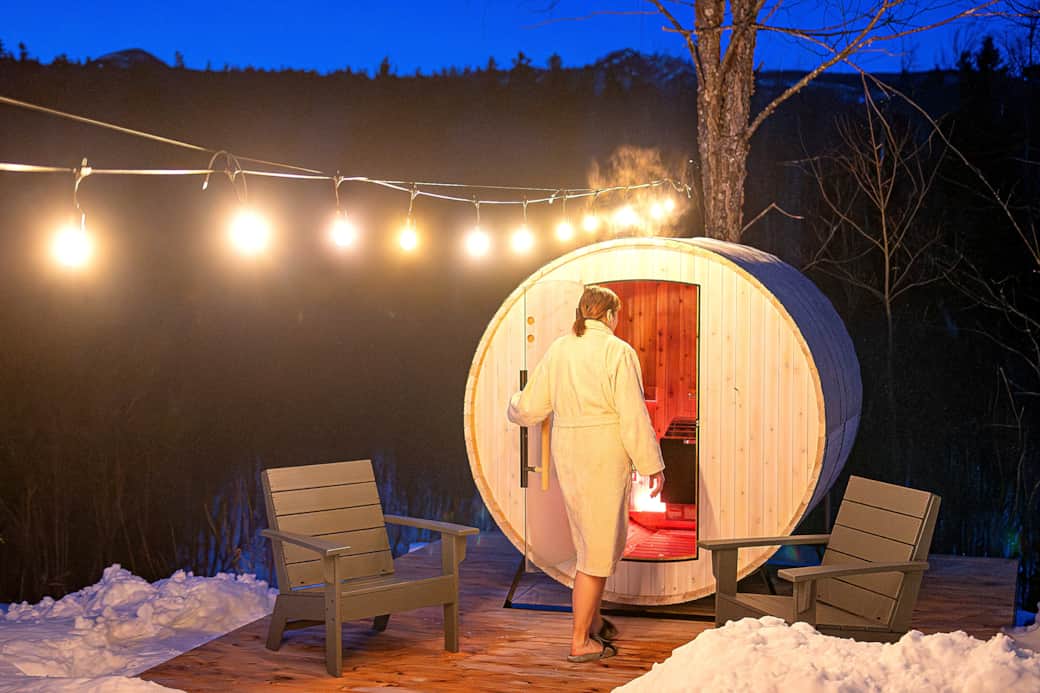 Our barrel sauna is a great way to unwind after an active day outside. It comfortably seats 4 adults