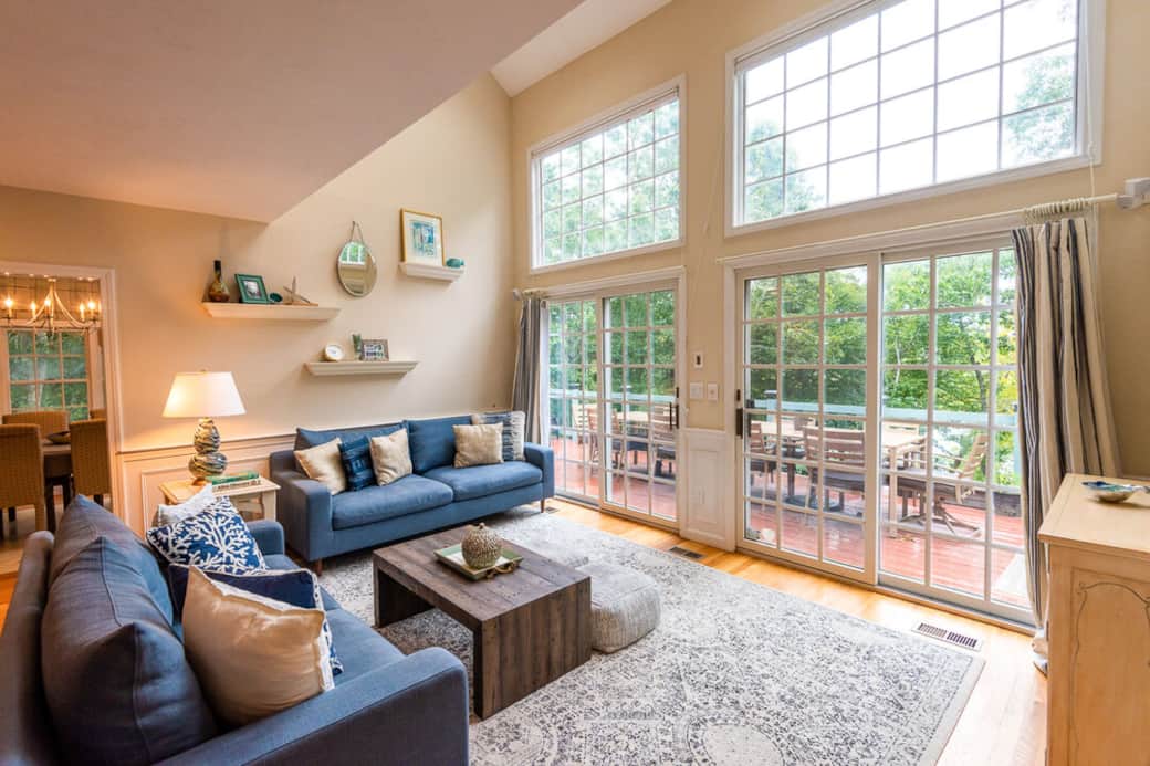 Living room with pond views