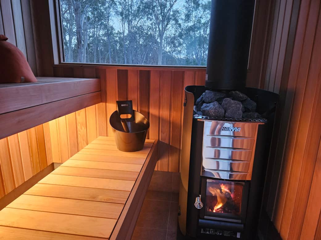 Inside the cedar-lined, wood-fired Finnish sauna at Pepperbark Cabin