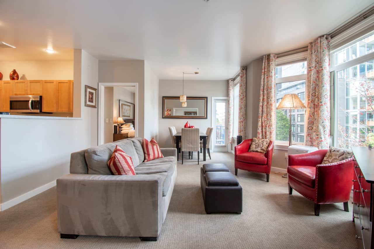 Spacious living room with comfortable American Leather sleeper sofa