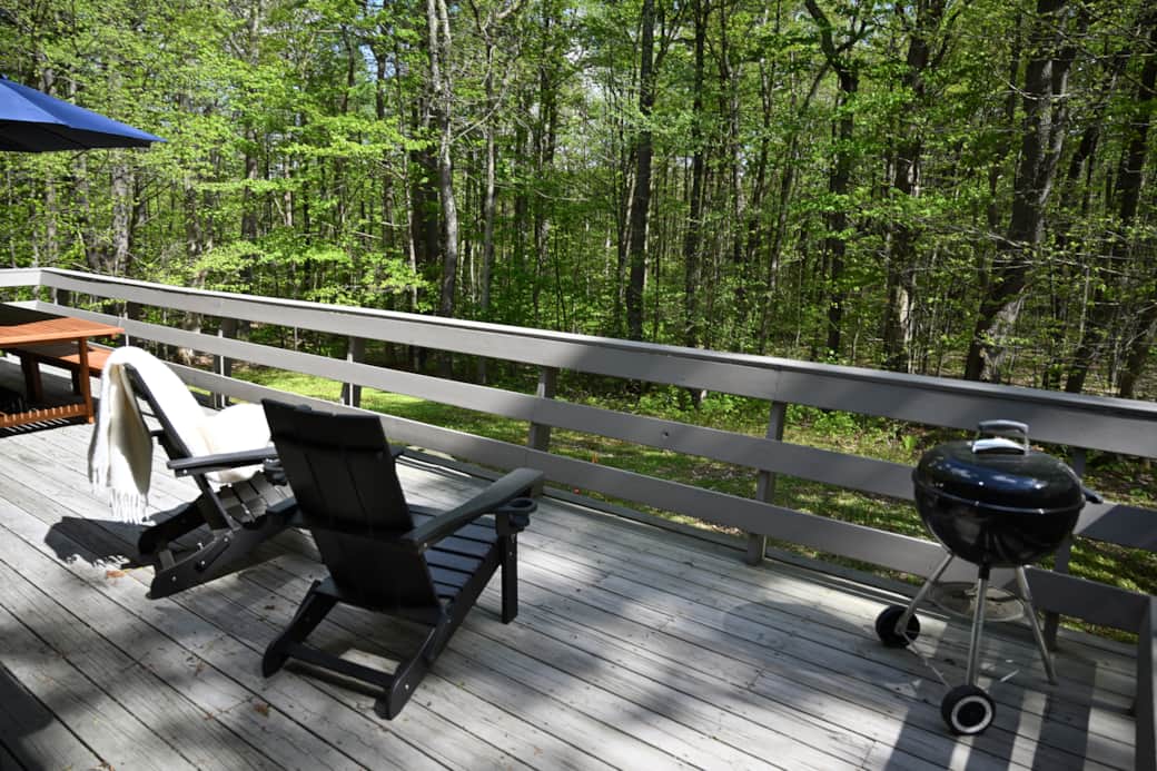 Lounge on the deck with view toward the woods and pond