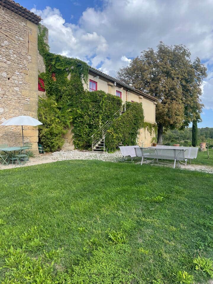 garden, parasol, facade, entrance, stairs, garden furniture, chairs, table, dining area