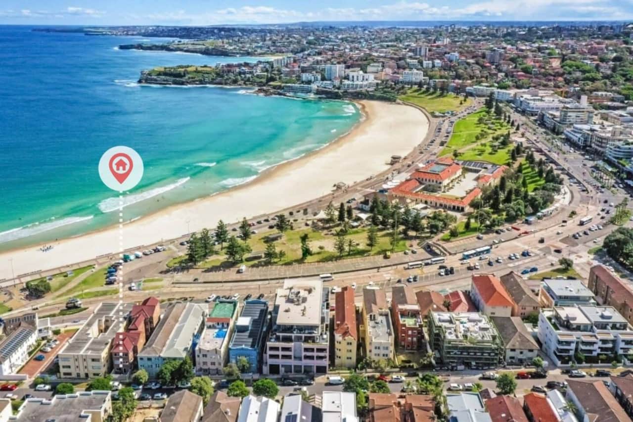 Location Location! You are literally opposite the beach 
Aerial view of Bondi Beach and surrounding neighbourhood near beachfront apartment in Sydney

