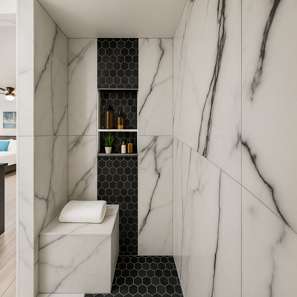 Spacious walk-in shower with built-in seating for relaxing, refreshing showers after long days. Spacious walk-in shower with built-in seating for relaxing, refreshing showers after long days.