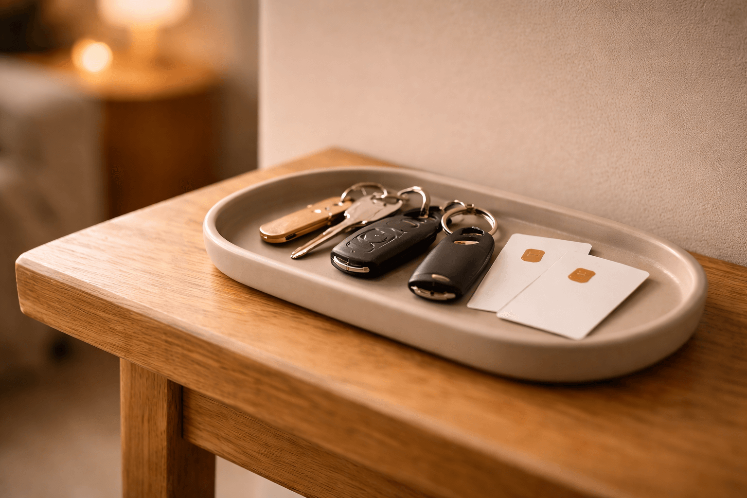 Keys and key fobs with access cards on a tray in the entrance area, warmly lit living atmosphere in the background.