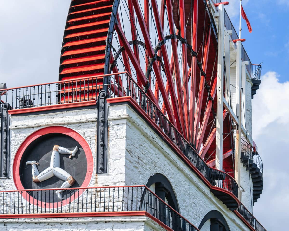 The red timbers of the Laxey Wheel close up