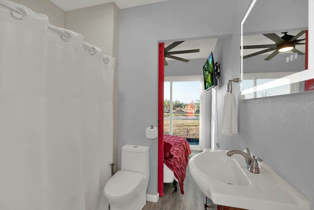 full bathroom shower with led mirror