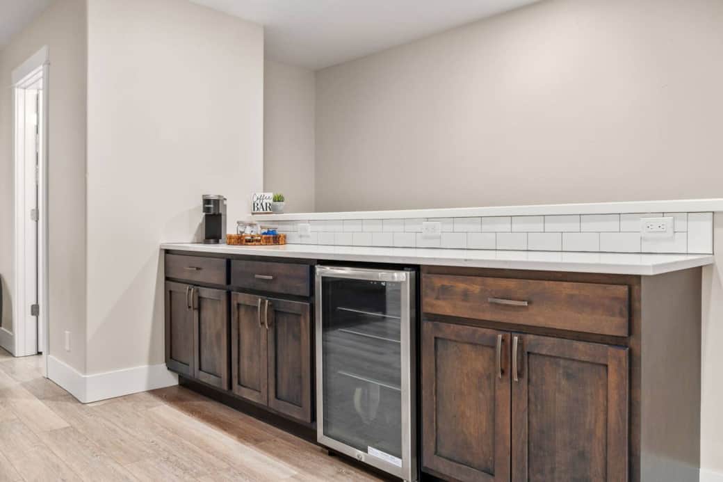 Loft wet bar features a coffee bar. Loft wet bar features a coffee bar.