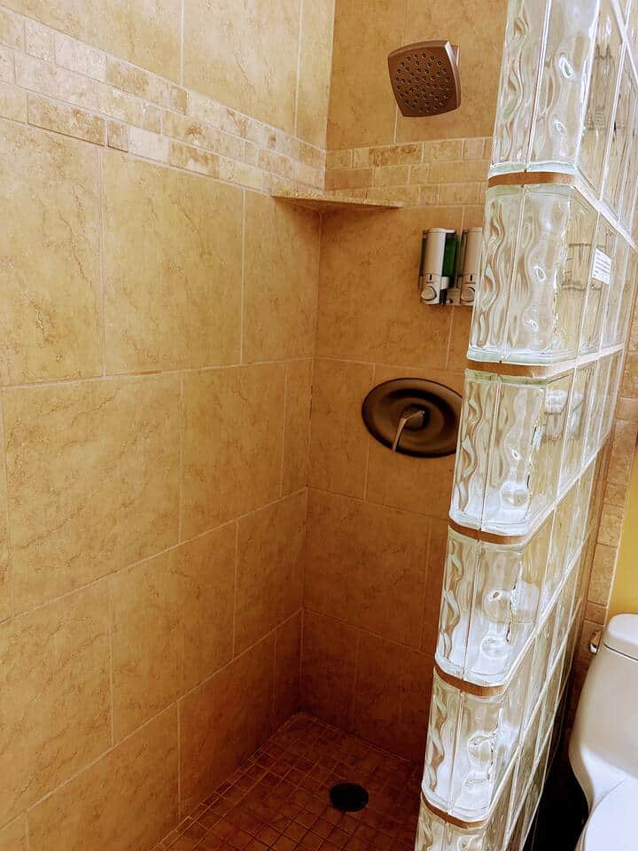 Shower with soap, shampoo, condtioner and bodywash provided.