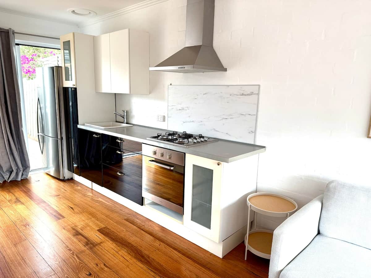 Kitchen with microwave.