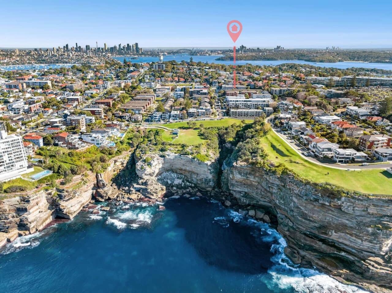 Breathtaking aerial view over Diamond Bay, where dramatic sandstone cliffs meet the Pacific Ocean. A rare coastal setting moments from Bondi-rose bay-double bay, watson bay. Some of Sydney’s most spectacular scenery, beaches and coastal walks