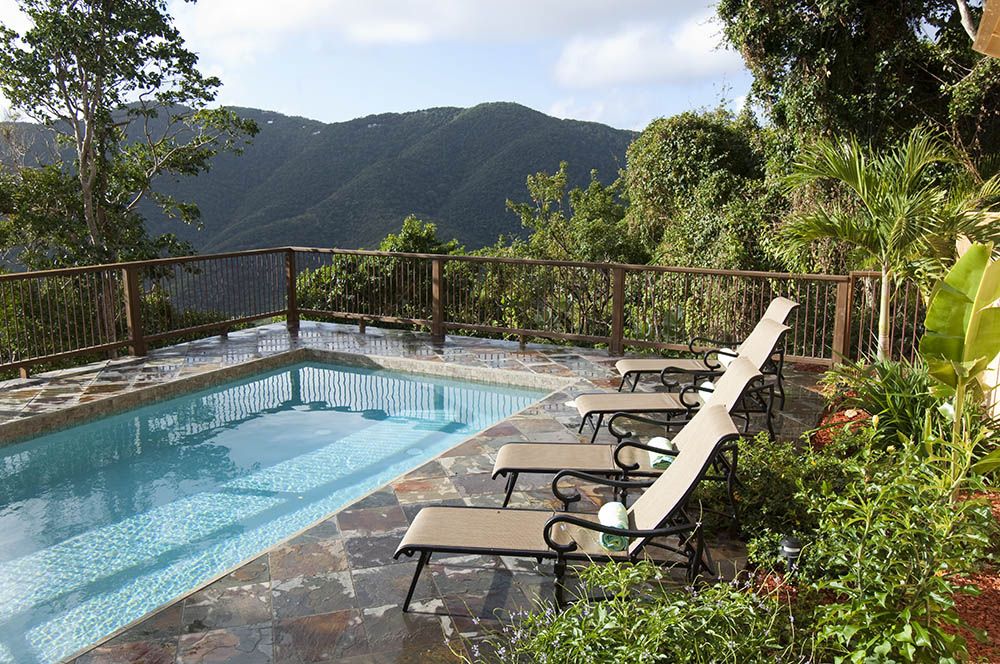 Pool and tiled deck with view