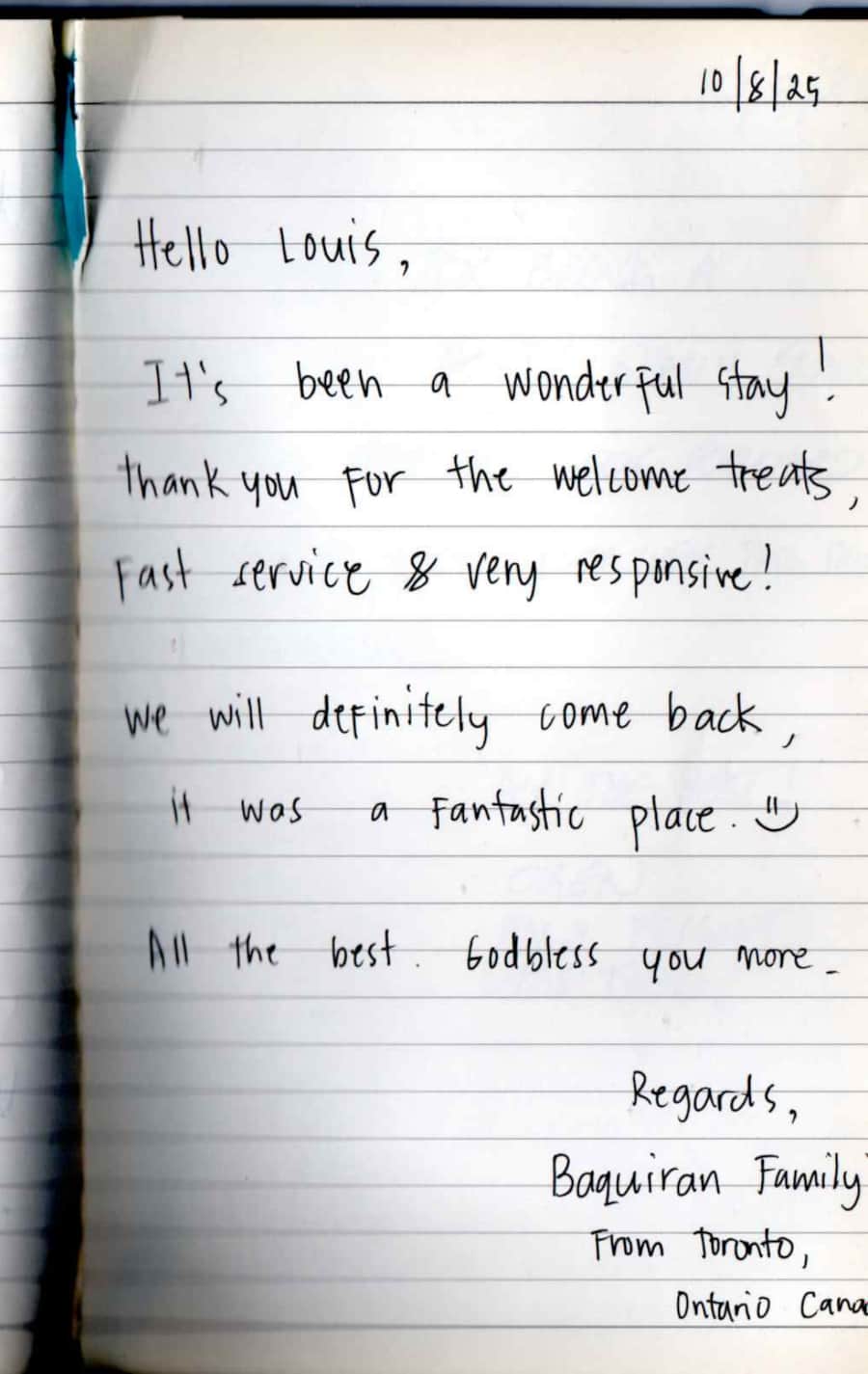 Handwritten guest note from Raya P09 guest book