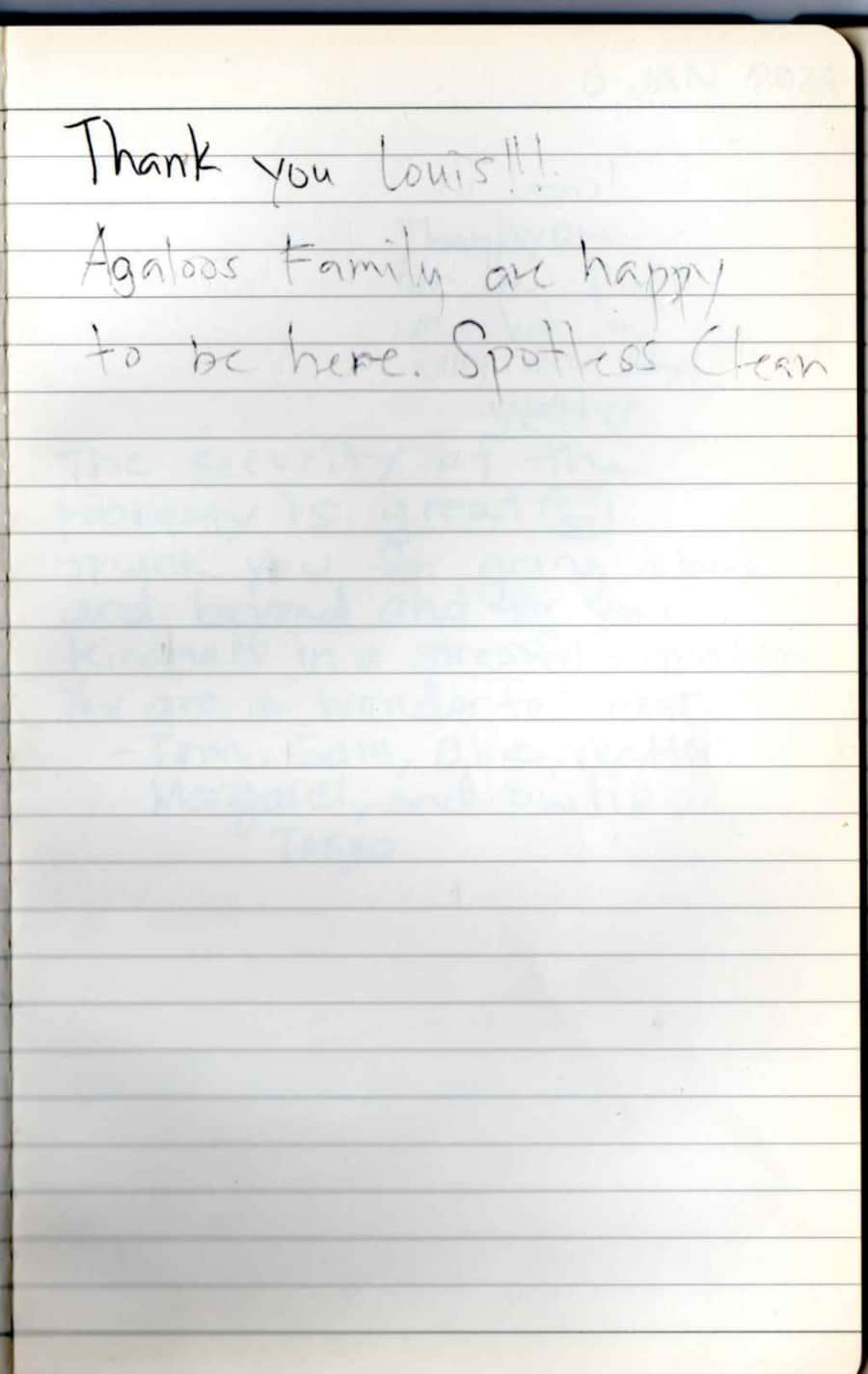 Handwritten guest note from Raya P09 guest book