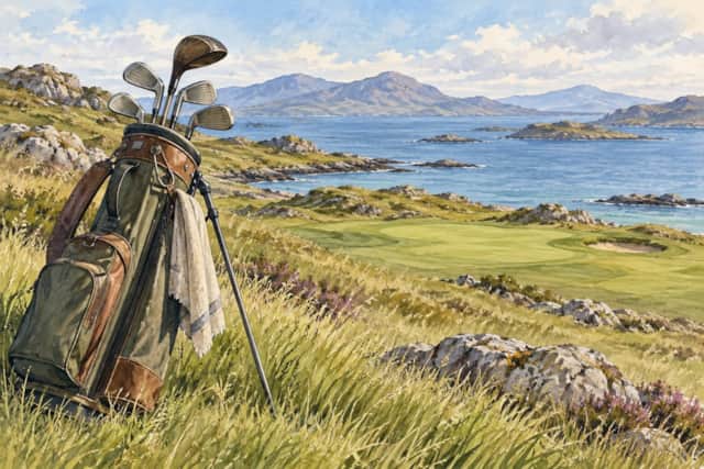 Watercolour illustration of golf clubs beside a coastal green