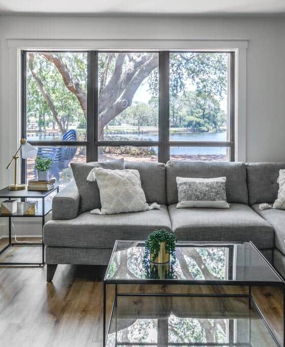 Living room overlooking the pond in the backyard. 