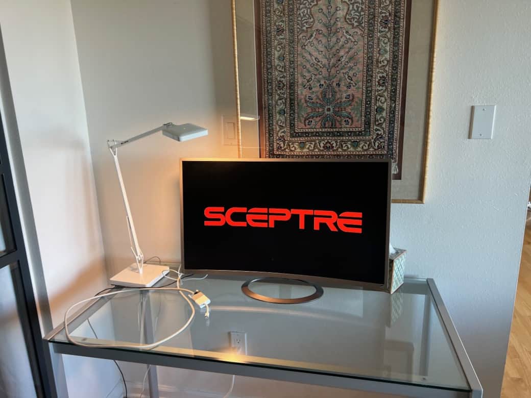 Workspace desk, lamp. monitor and chair