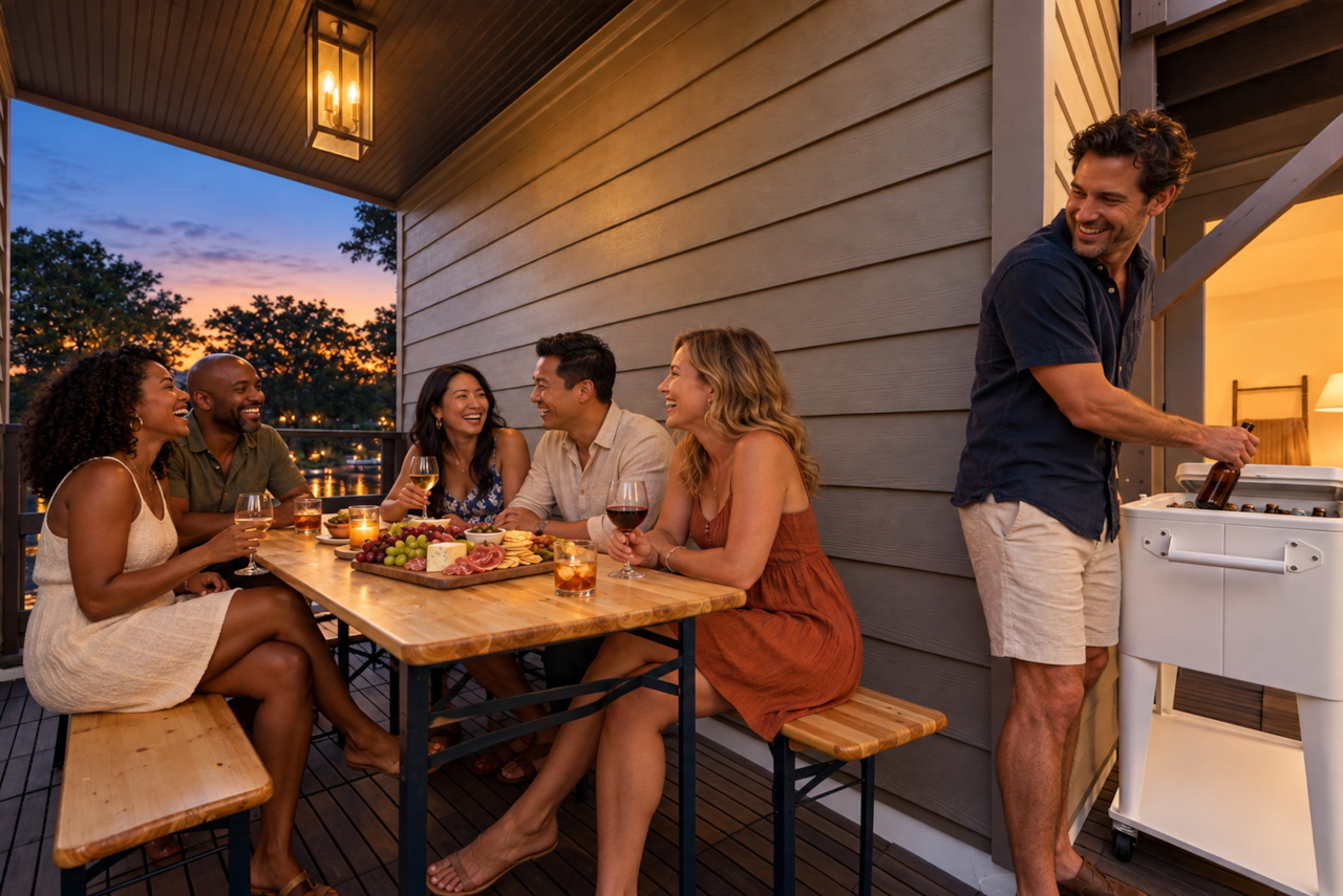 Enjoy drinks and good company on the waterfront patio at dusk