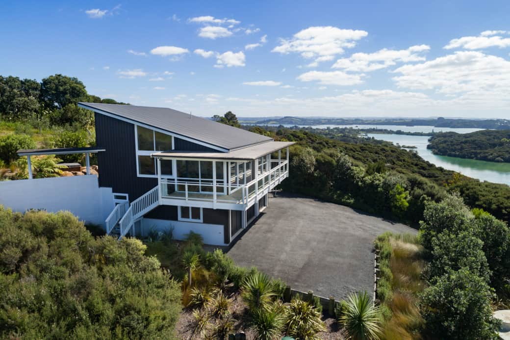 Wharau Lodge holiday home nestled in native bush with views over the Bay of Islands near Kerikeri.