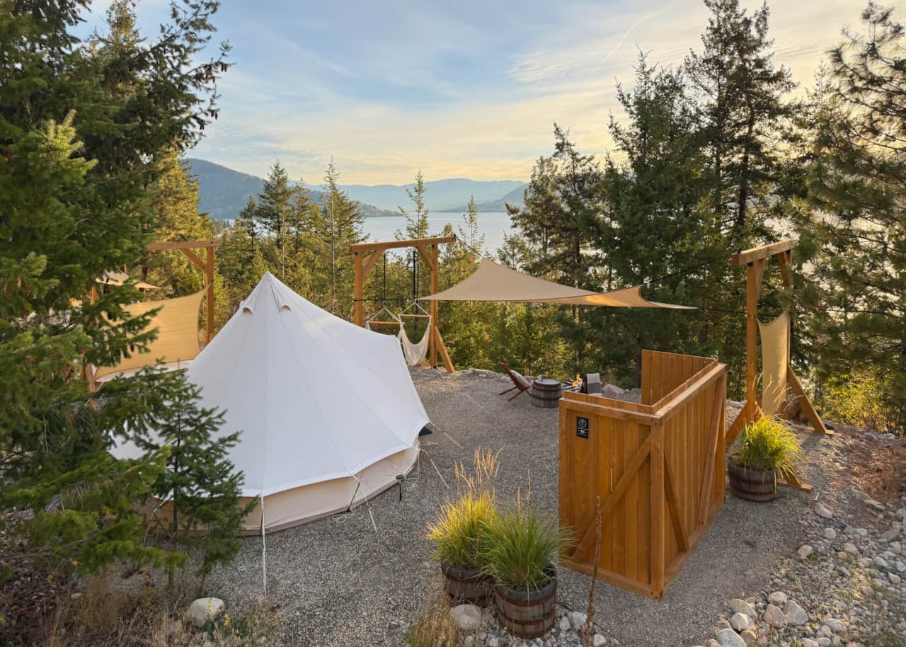 Tent 01 with views of Okanagan Lake (this photo does not show optional smaller unfurnished tent)