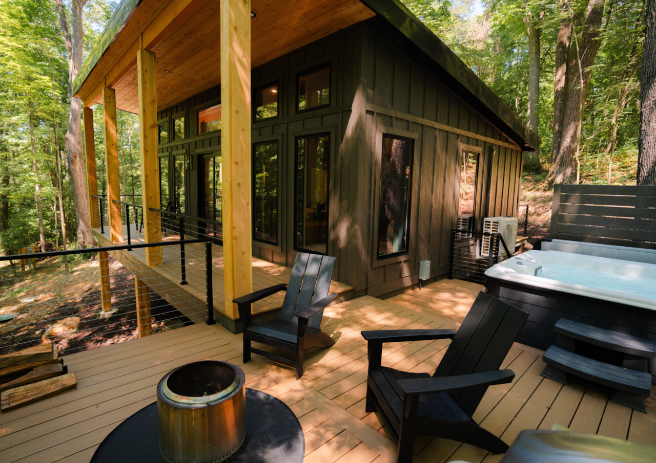 Hot tub, solo stove, privacy, and views