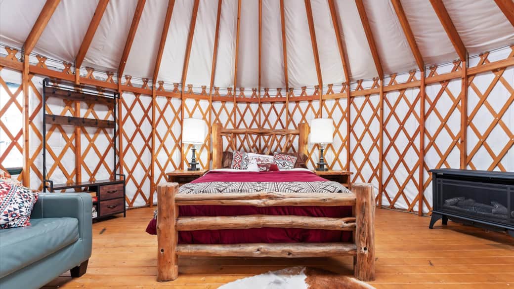 Yurt 2 Bed Sofa and Fireplace