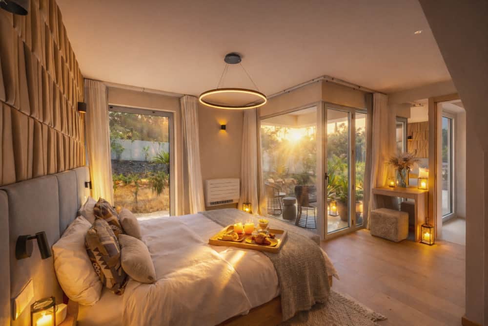 Master bedroom of Villa Medusa Paraiso in warm evening light