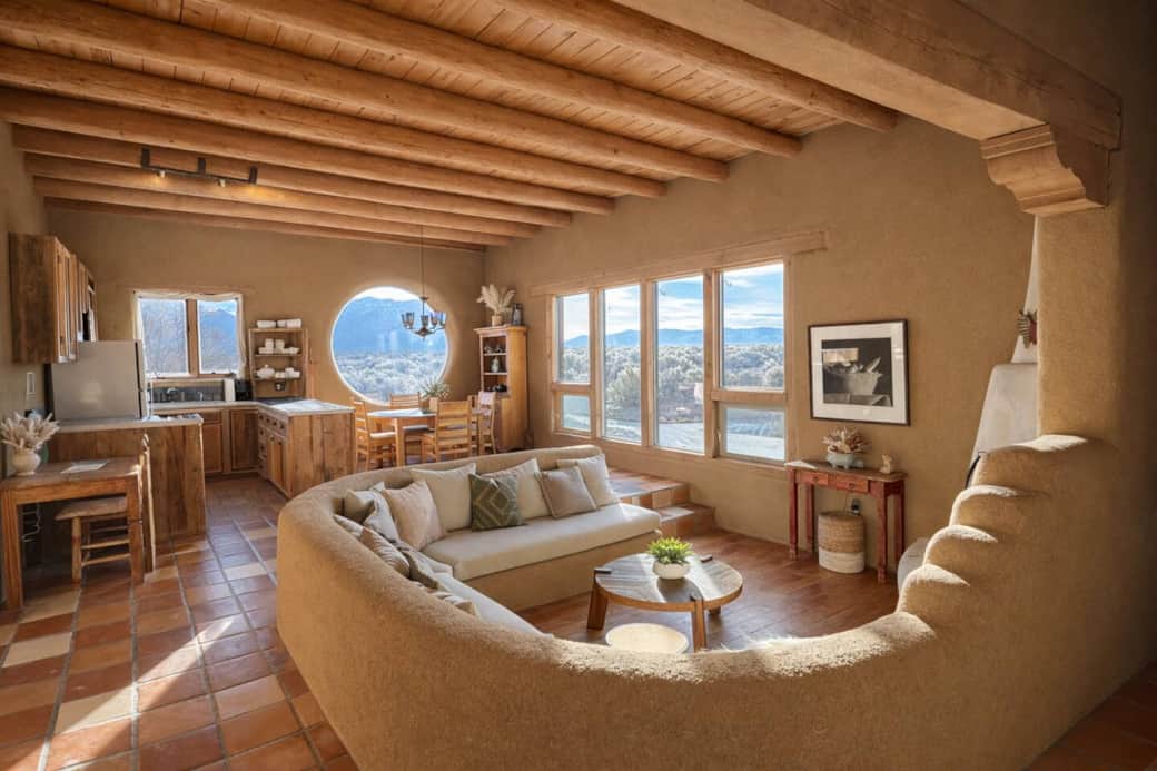 the main living area features a sunken lounge with kiva fireplace, open plan kitchen and dining areas and spectacular views from every window! the main living area features a sunken lounge with kiva fireplace, open plan kitchen and dining areas and spectacular views from every window!