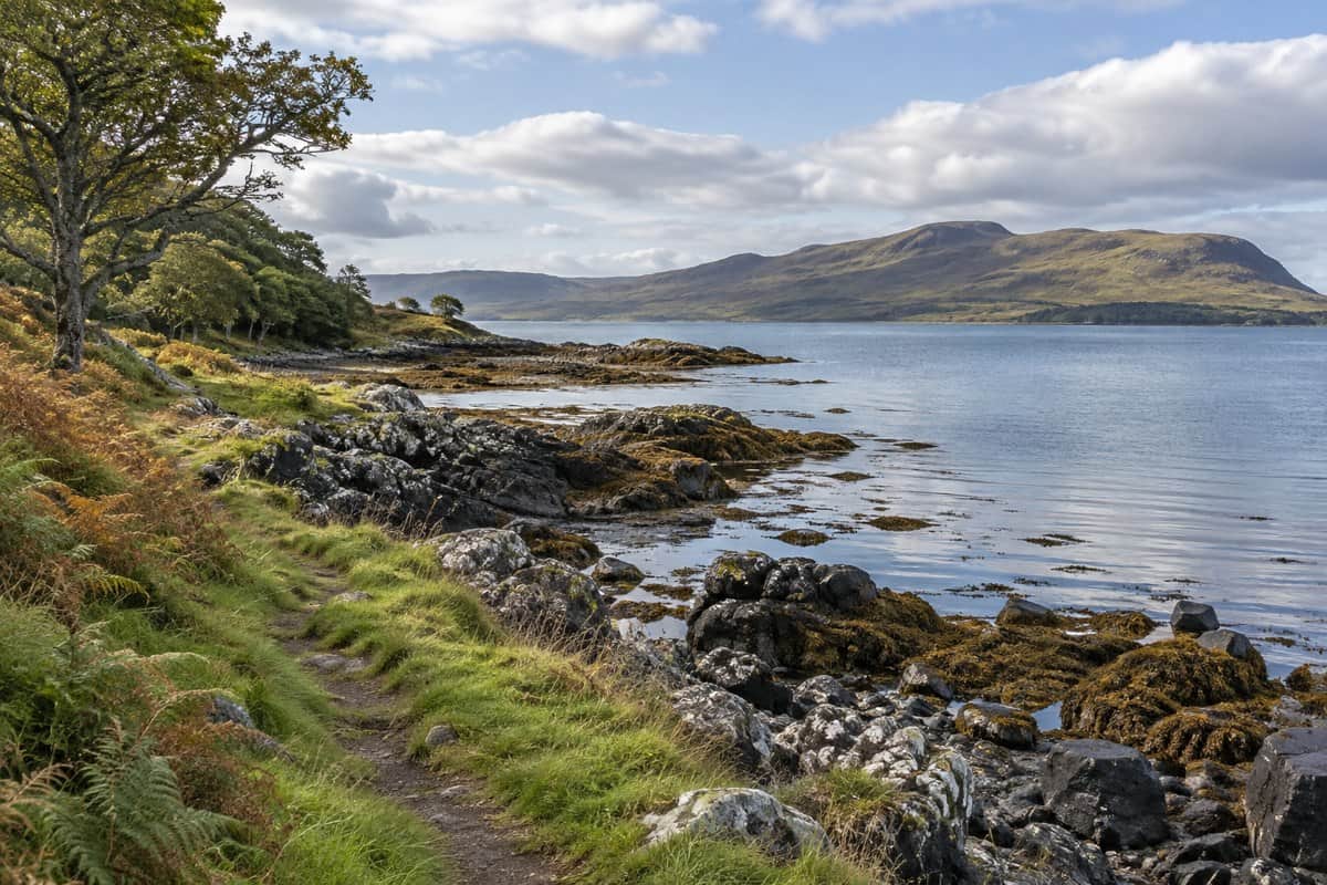 AI illustration: rocky wooded coastline beside a sheltered sound