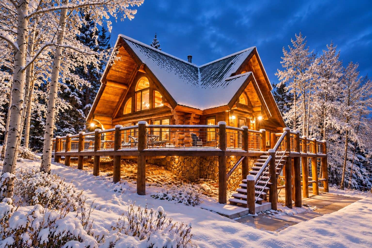The log cabin lit up at twilight in fresh winter snow in the Sangre de Cristo Mountains