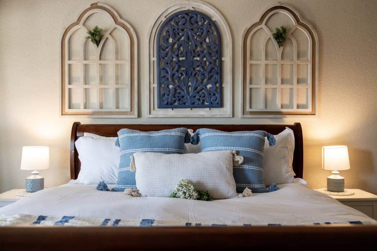 This is the master bedroom on the ground floor of White Oak Gathering. Luxury King Bed and giant waterfall shower in a private ensuite. 