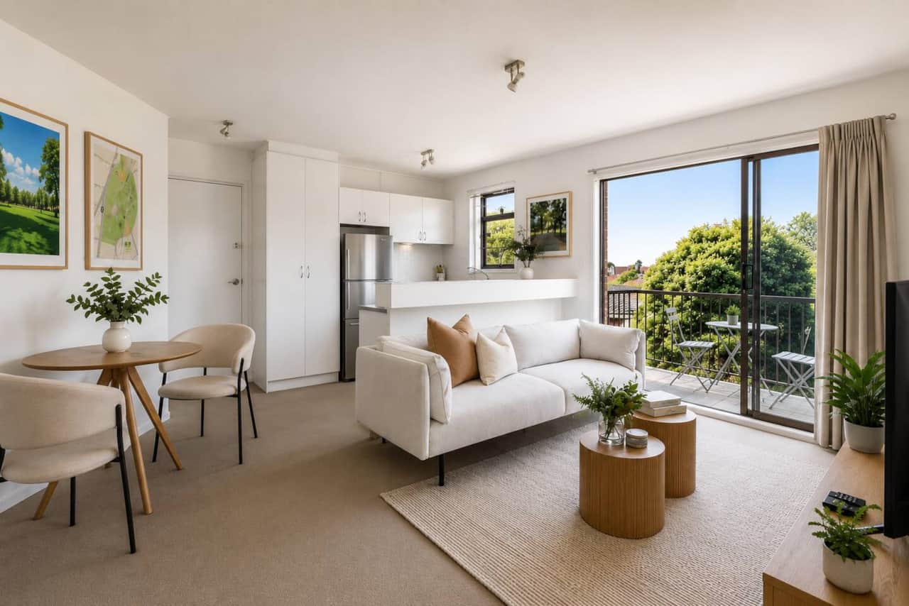 Bright open-plan living with a comfortable lounge, dining area and practical kitchen. Large sliding doors fill the space with natural light and open onto a leafy balcony—perfect for relaxing in peaceful Fitzroy North.
