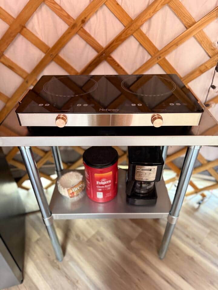 Two-burner stove; 4 cup coffee maker + Complimentary coffee