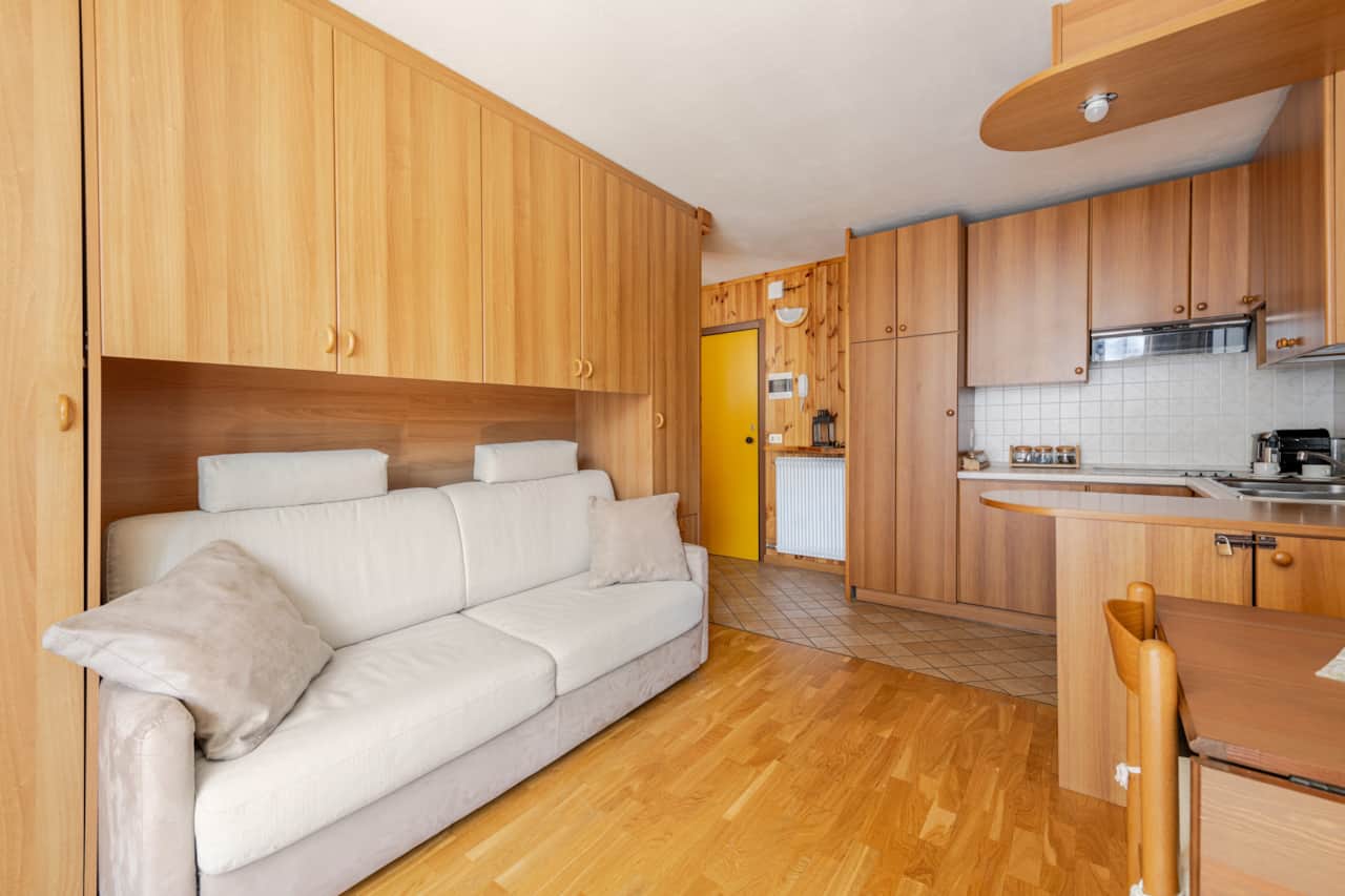 Wohnzimmer mit Sofa, Einbauschränken und Holzboden