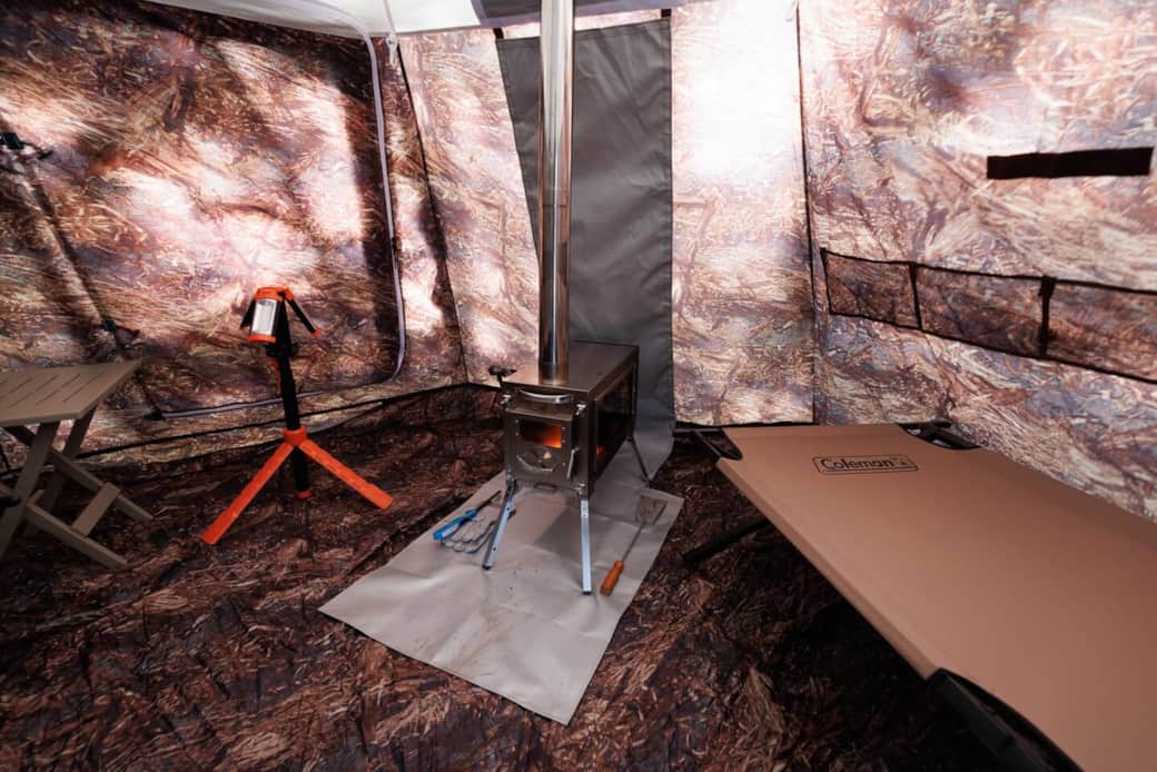 Wood stove, 2 cots, 2 camp chairs, LED Light Wood stove, 2 cots, 2 camp chairs, LED Light