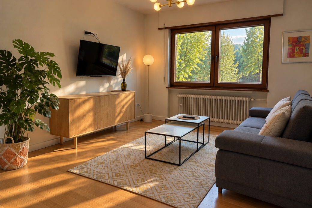 Wohnzimmer von Moselglück 1 mit Blick zur Mosel