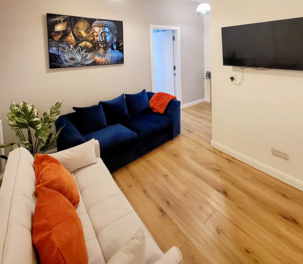 Modern and cosy living room with two comfortable sofa beds, smart TV and a relaxing atmosphere perfect after a day in London.