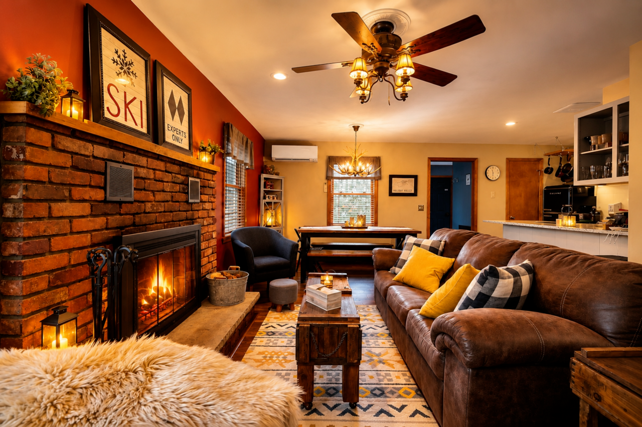 Cozy fireplace nights after skiing, hiking, or village adventures
