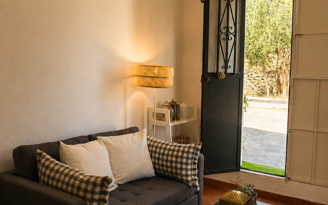 Salón de la casa con la puerta abierta al jardín