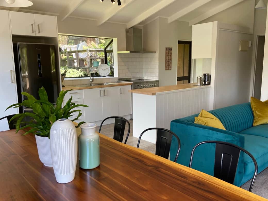 Kitchen and dining flow seamlessly into the living space