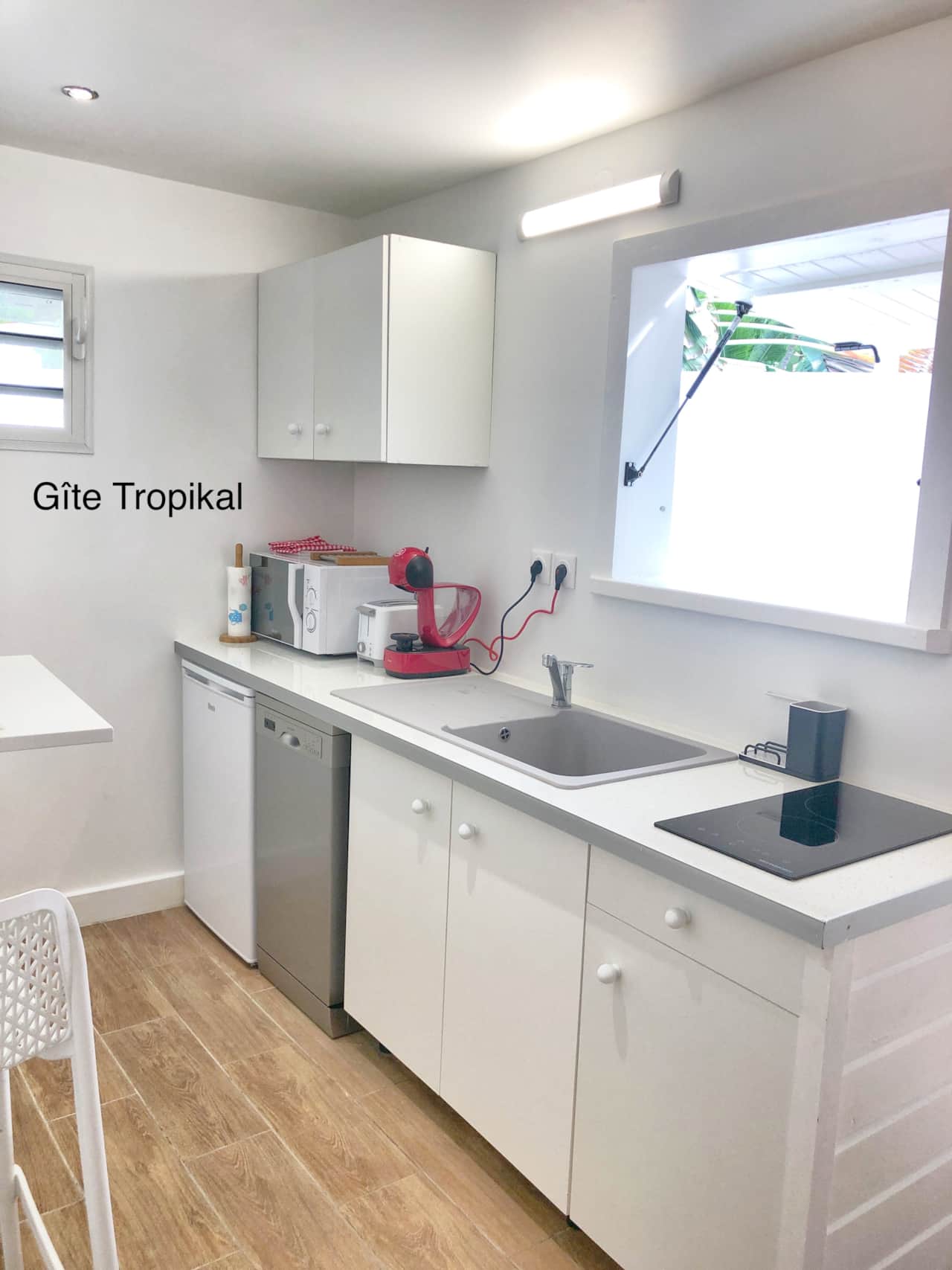 La cuisine avec frigo, micro ondes et lave vaisselle