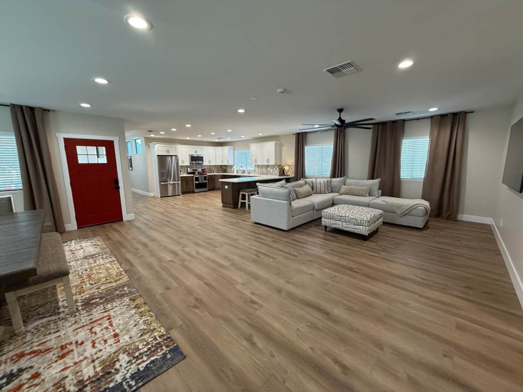 This view is from the dedicated workspace vantage point and what you see when you come up from the garage stairs.