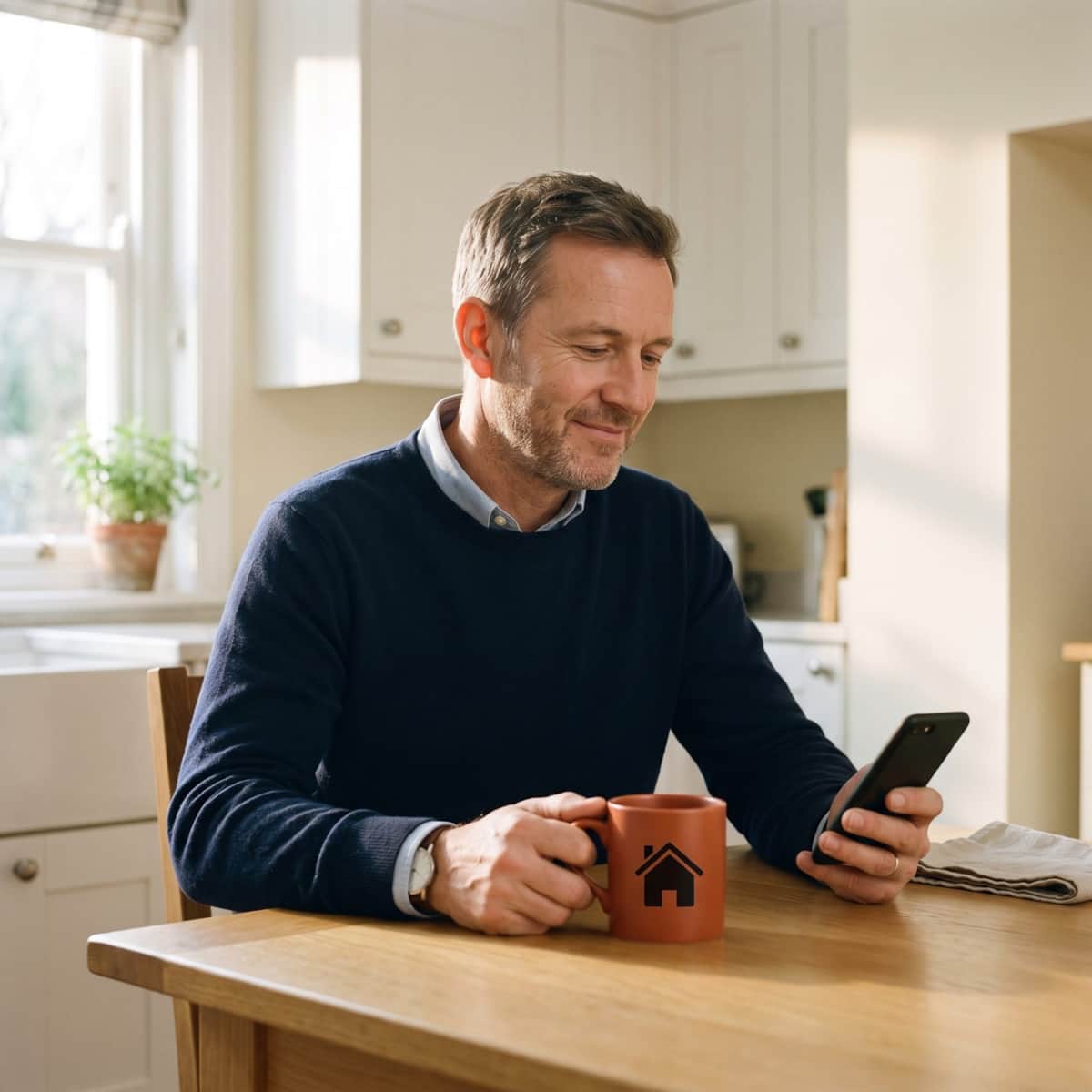 A landlord relaxing at his kitchen table, checking his phone over a morning cup of tea